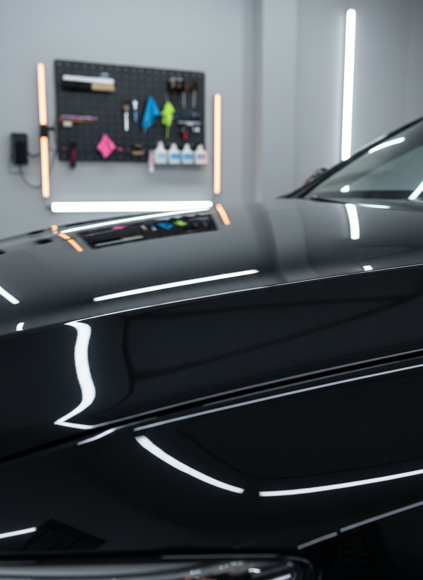A meticulously detailed close-up of a deep black luxury sedan’s fender and hood, freshly detailed to a mirror-like finish. The flawless paintwork reflects a minimalist, high-end garage interior with subtle grey walls and neatly arranged detailing tools in the soft blur of the background. Cool, diffused studio lighting from above and the side creates precise highlights along the panel edges and a gentle gradation across the curves of the bodywork. Shot at a low, three-quarter angle with shallow depth of field to emphasize the perfect gloss and crisp reflections. The mood is sophisticated and premium, with photographic realism and a clean, modern aesthetic that conveys ultimate vehicle care and refinement.