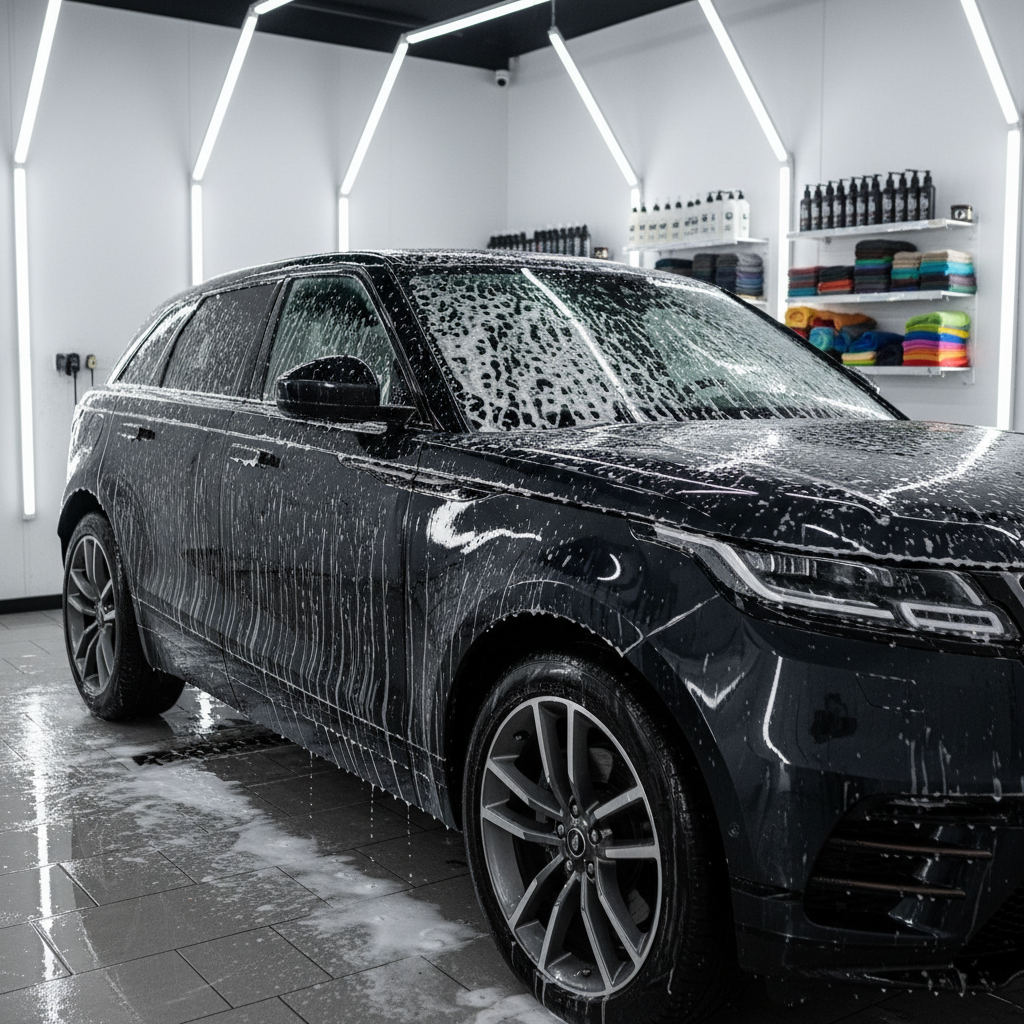 An elegant, high-resolution photographic scene of a dark metallic SUV undergoing hand wash in a pristine, tiled detailing bay. The vehicle’s surface is covered in thick, creamy foam that clings to the body lines, contrasting against the glossy paint and black trim. Water beads and runs in fine rivulets down the panels, captured in sharp detail. Cool white LED strip lights on the ceiling create linear reflections along the vehicle’s side, highlighting the contours. The background shows an impeccably clean, organized wall with neatly aligned bottles and microfiber towels, softly out of focus. Shot at eye level with a slightly angled composition, the atmosphere feels clinical yet luxurious, emphasizing meticulous, gentle care and professional expertise.