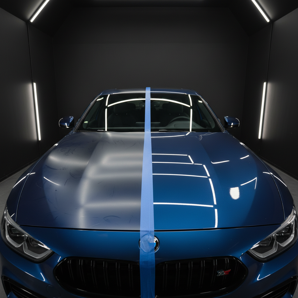 A striking before-and-after style composition of a car hood showcasing paint correction and polishing. The left half of the deep blue metallic paint is subtly hazy with fine swirl marks and light scratches, while the right half gleams with a flawless, high-gloss mirror finish, reflecting soft studio lights in crisp, uninterrupted lines. A precisely masked tape line runs perfectly straight down the center, emphasizing the transformation. The car is positioned in a dark, minimalist detailing bay with black walls and discreet, cool LED panel lights that highlight the paint’s depth without distracting clutter. Captured from a slightly elevated front angle with sharp focus, the mood is technical and refined, underscoring the precision and expertise of professional paint correction and polishing services.