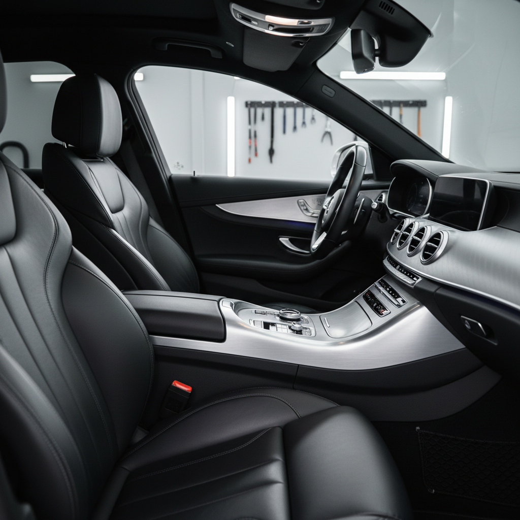 A refined interior detailing scene showing the cockpit of a premium car with immaculate black leather seats featuring subtle stitching, a brushed aluminum center console, and a perfectly dust-free dashboard. The leather has a soft, satin sheen, free of gloss or residue, while the console surfaces are spotless and reflective. The car is parked inside a modern detailing studio, suggested only by a faintly blurred background through the windshield showing a minimalist wall and hanging tools. Soft, directional window light from one side combines with discreet overhead lighting, creating delicate shadows in the seat contours and a calm, focused atmosphere. Photographic realism with a slightly elevated, wide-angle view from the driver’s side, emphasizing cleanliness, order, and sophisticated craftsmanship in vehicle interior care.