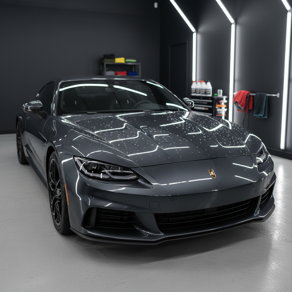 A luxurious, photographic scene of a sports coupe after ceramic coating, parked in a clean, modern indoor space with polished concrete floors and smooth, charcoal-colored walls. The car’s dark graphite paint exhibits extreme gloss and depth, with water droplets beading perfectly round across the hood and roof, captured in crystal-clear macro detail. Overhead linear LED lights create continuous, razor-sharp reflections that accentuate the flawless surface. The background is softly blurred but reveals subtle branding elements and neatly arranged detailing equipment, reinforcing professionalism. Shot at a low, three-quarter front angle with a shallow depth of field, the atmosphere feels high-tech and exclusive, emphasizing long-lasting protection, hydrophobic performance, and the ultimate in premium vehicle finish.