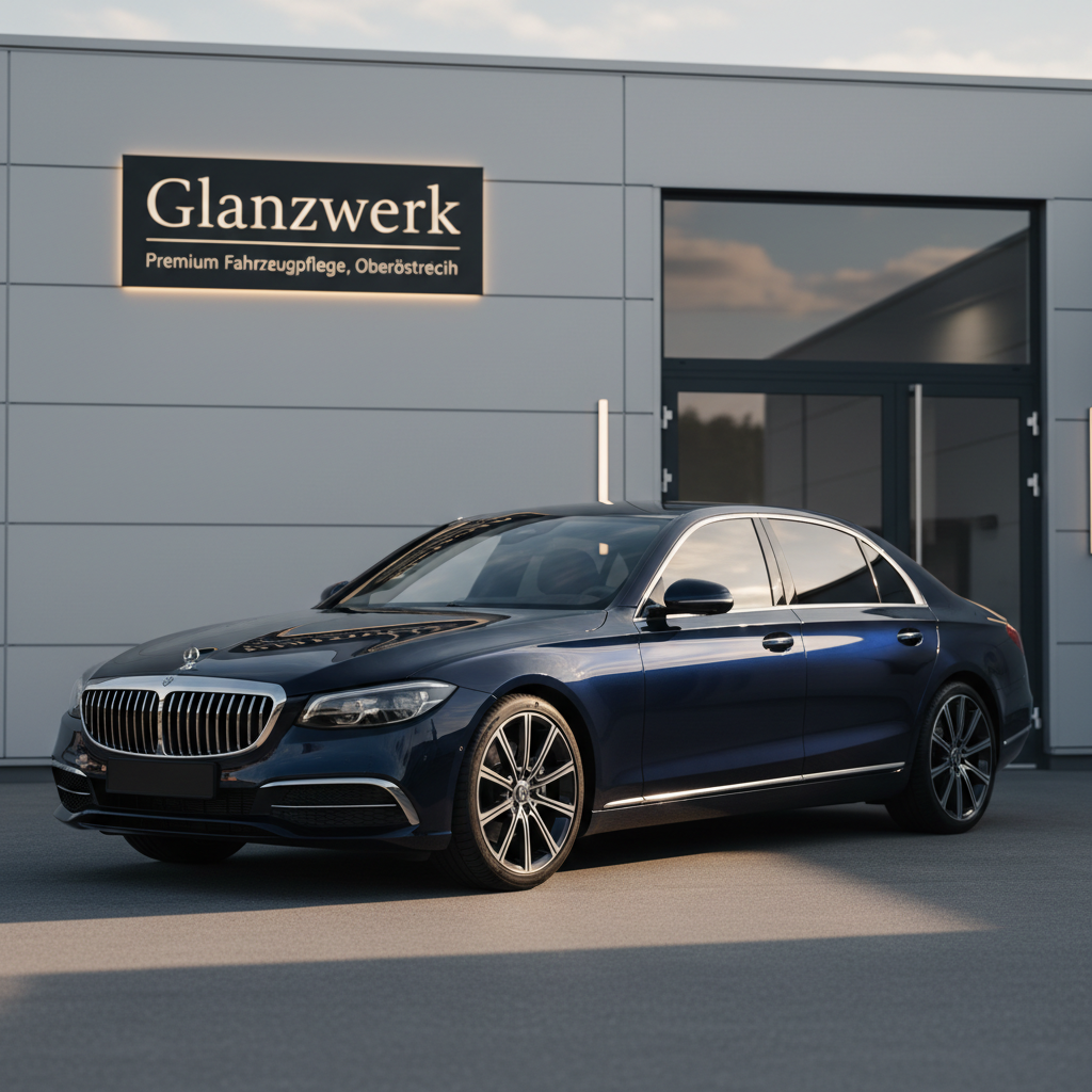 A refined, atmospheric exterior shot of a freshly detailed premium sedan parked in front of a discreet, upscale workshop facade labeled “Glanzwerk”. The vehicle’s dark paint glows with a deep, reflective shine under soft, late-afternoon light, capturing warm reflections of a clear sky and surrounding architecture on its surfaces. The workshop exterior is minimalist, with clean signage, smooth light grey cladding, and a tidy entrance, all slightly out of focus to keep the car as the hero. Subtle ground shadows and gentle highlights along the body lines create a balanced, cinematic feel. Captured from a slightly low, three-quarter angle with photographic realism, the mood is professional, trustworthy, and sophisticated, presenting Glanzwerk as a premium destination for vehicle detailing in Oberösterreich.